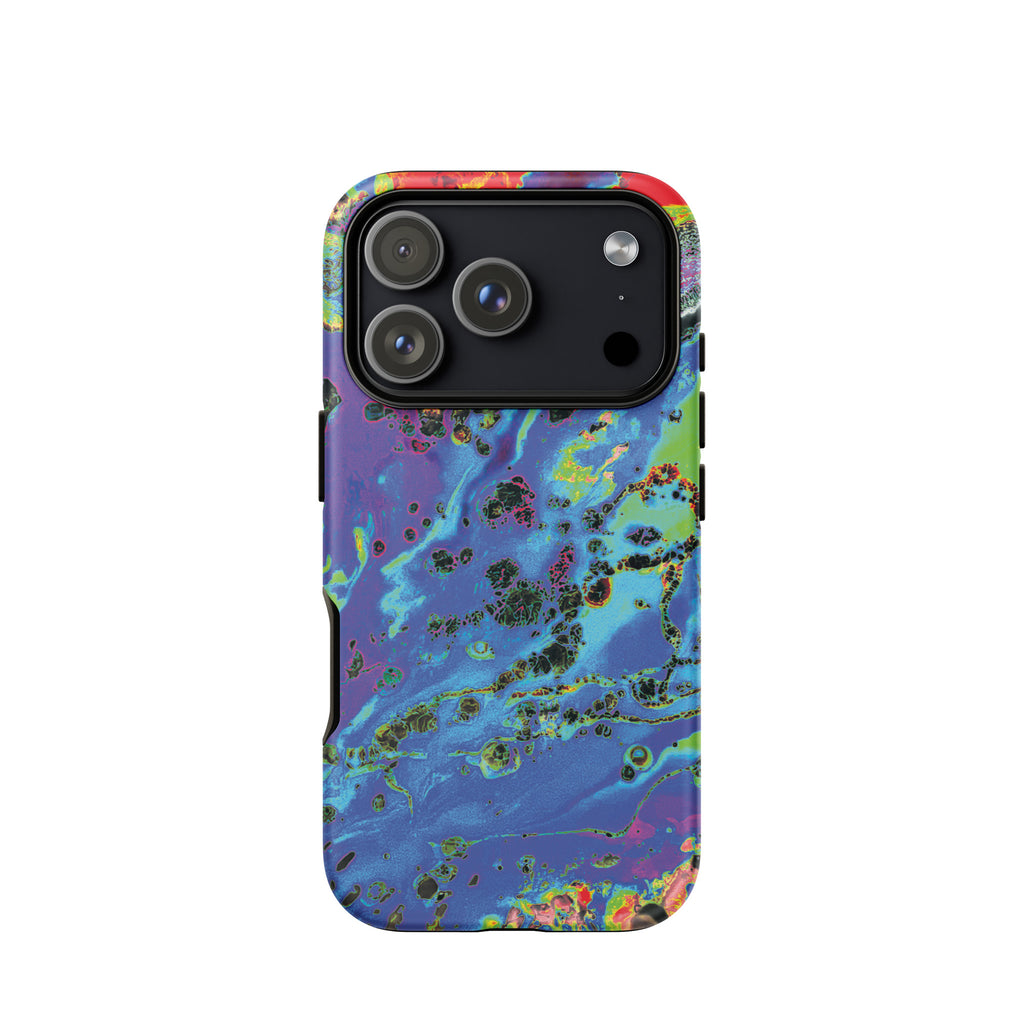 Colorful phone case with a marbled design on a white background