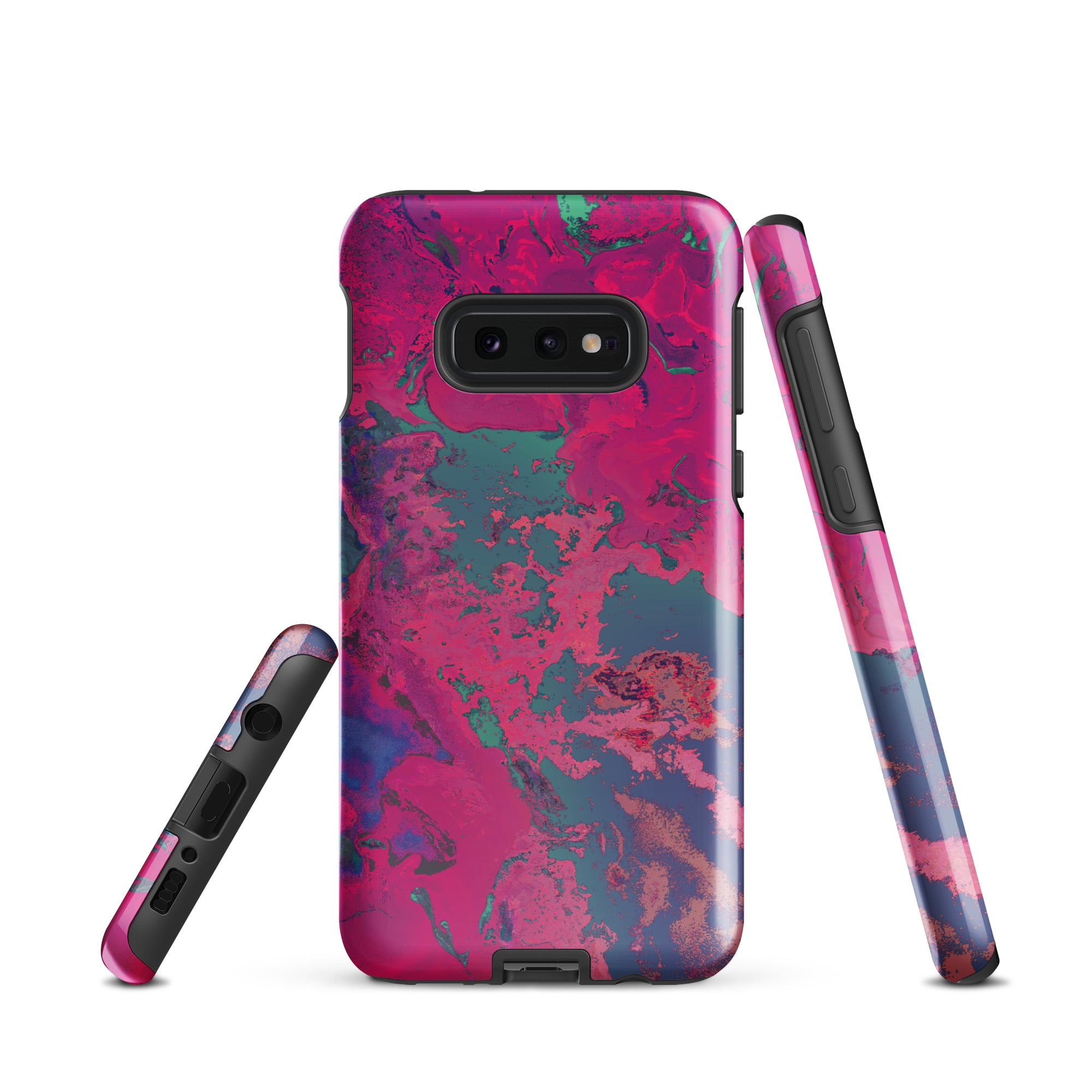 Samsung Galaxy Phone case with a vibrant magenta and blue abstract design on a white background