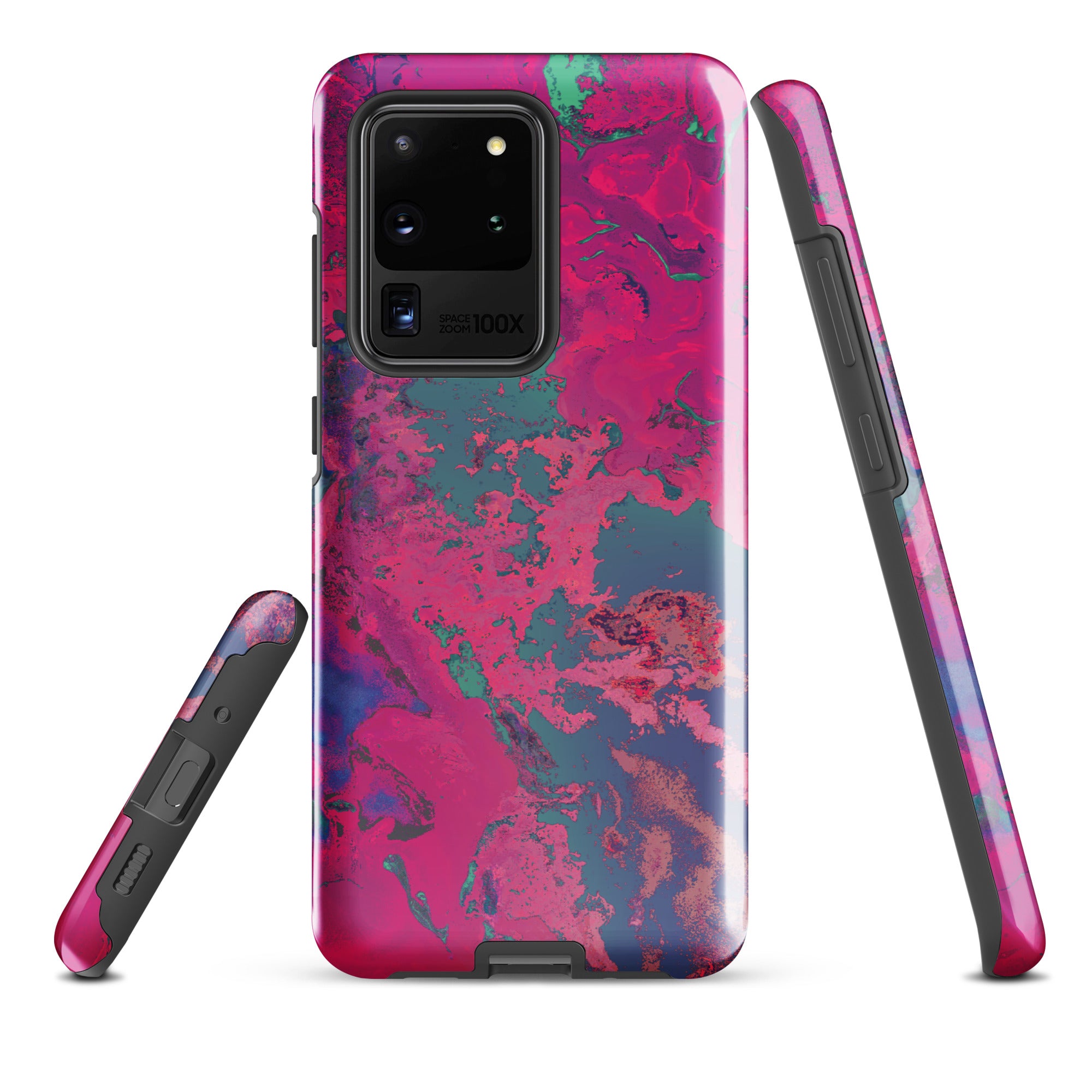 Samsung Galaxy Phone case with a vibrant magenta and blue abstract design on a white background