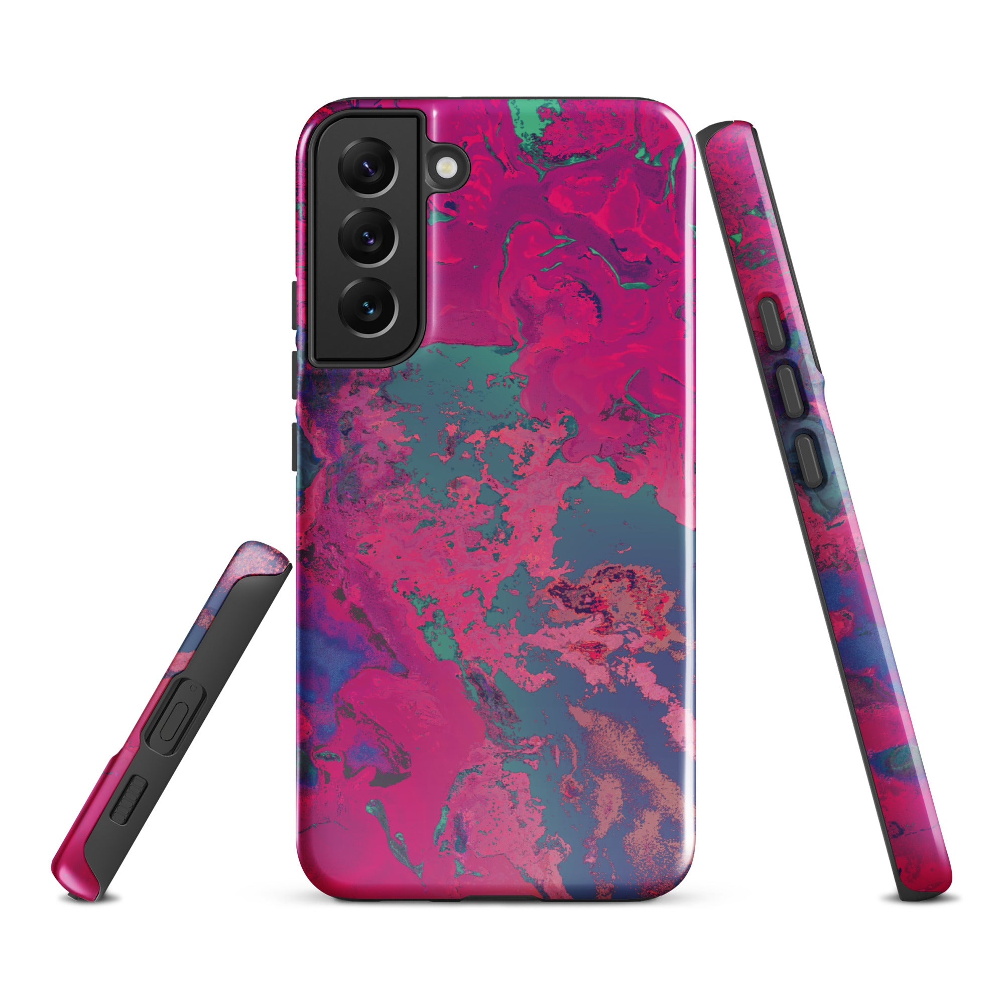 Samsung Galaxy Phone case with magenta and blue marbled pattern on a white background