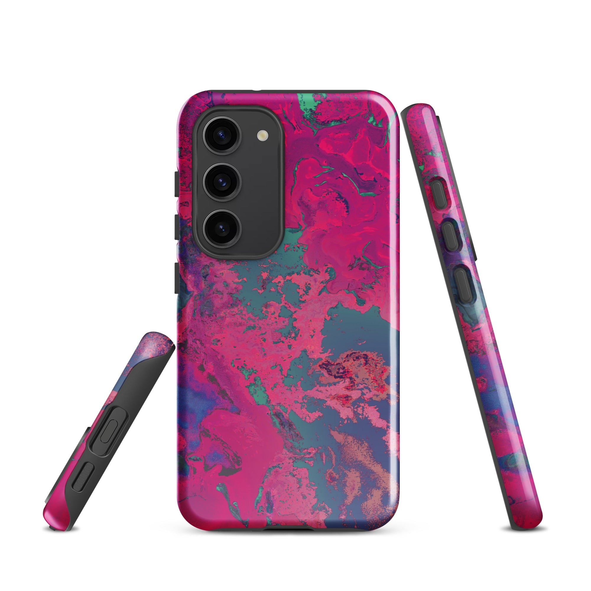 Samsung Galaxy Phone case with magenta and blue marbled pattern on a white background