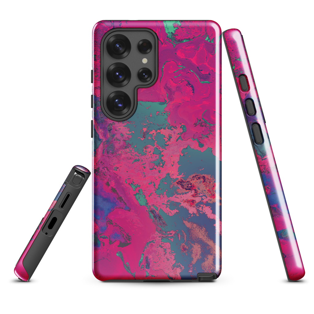 Phone case with pink and blue abstract design on a white background
