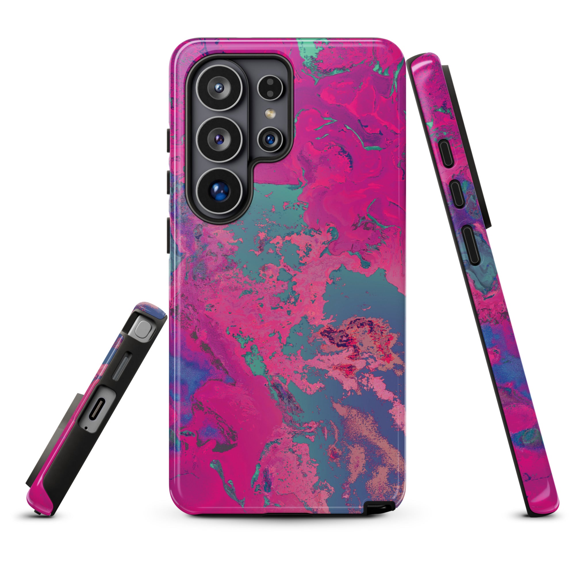 Phone case with pink and blue abstract design on a white background