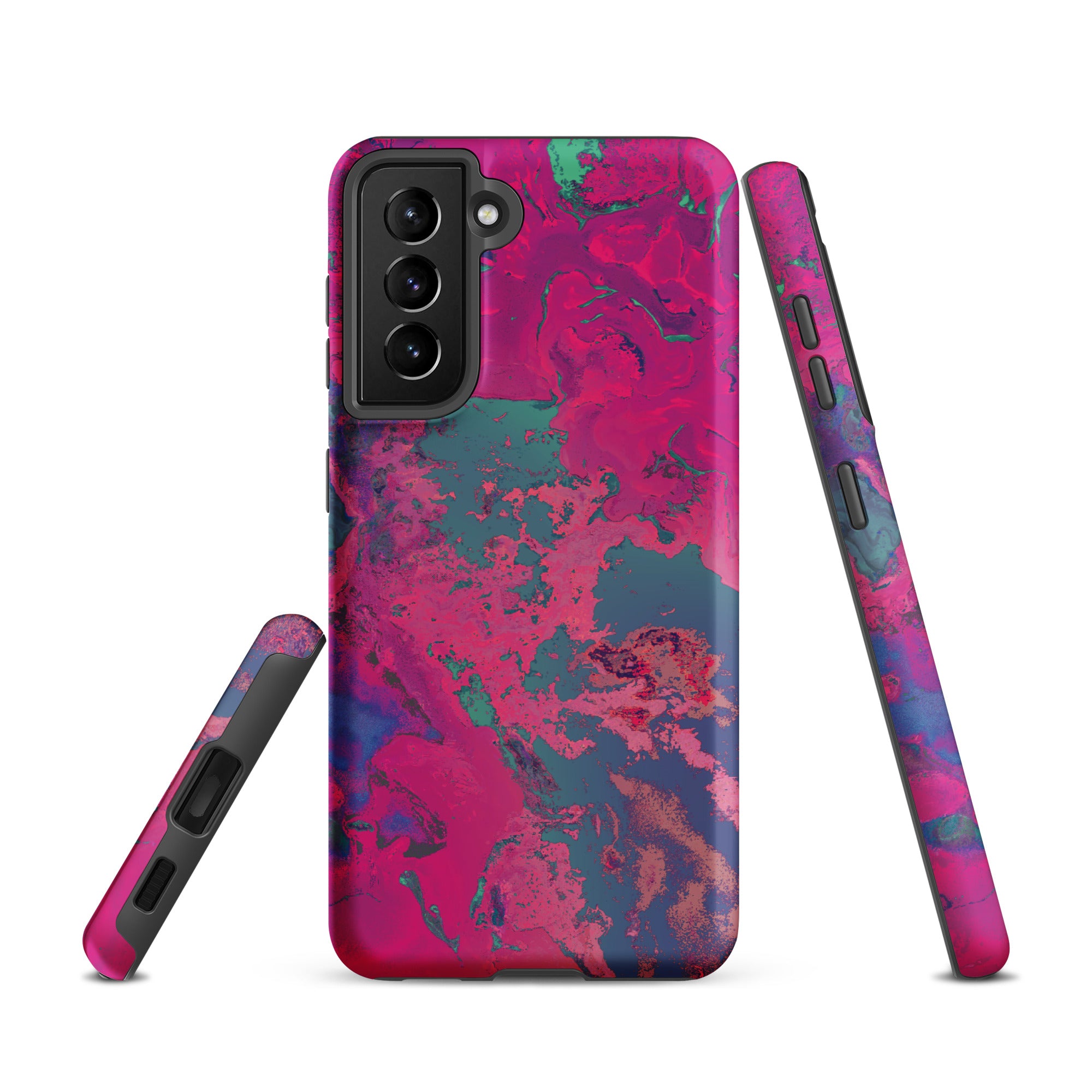 Samsung Galaxy Phone case with a vibrant magenta and blue abstract design on a white background