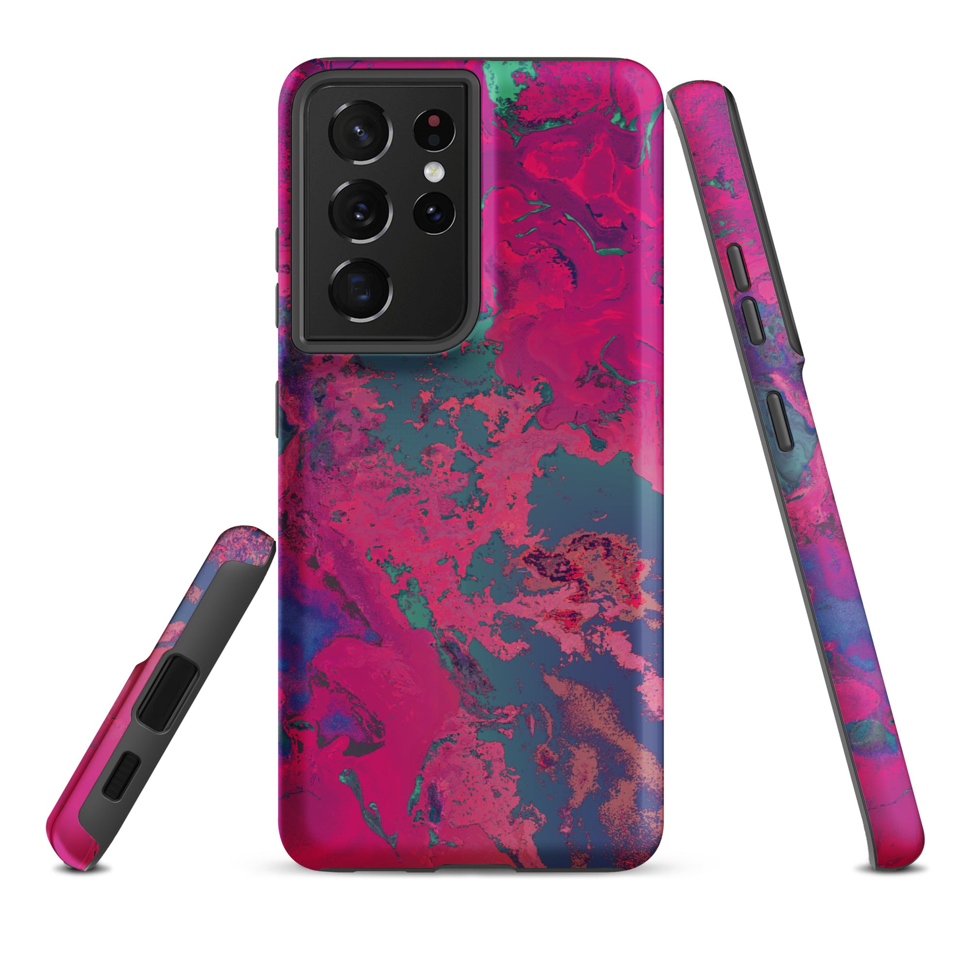 Samsung Galaxy Phone case with a vibrant magenta and blue abstract design on a white background
