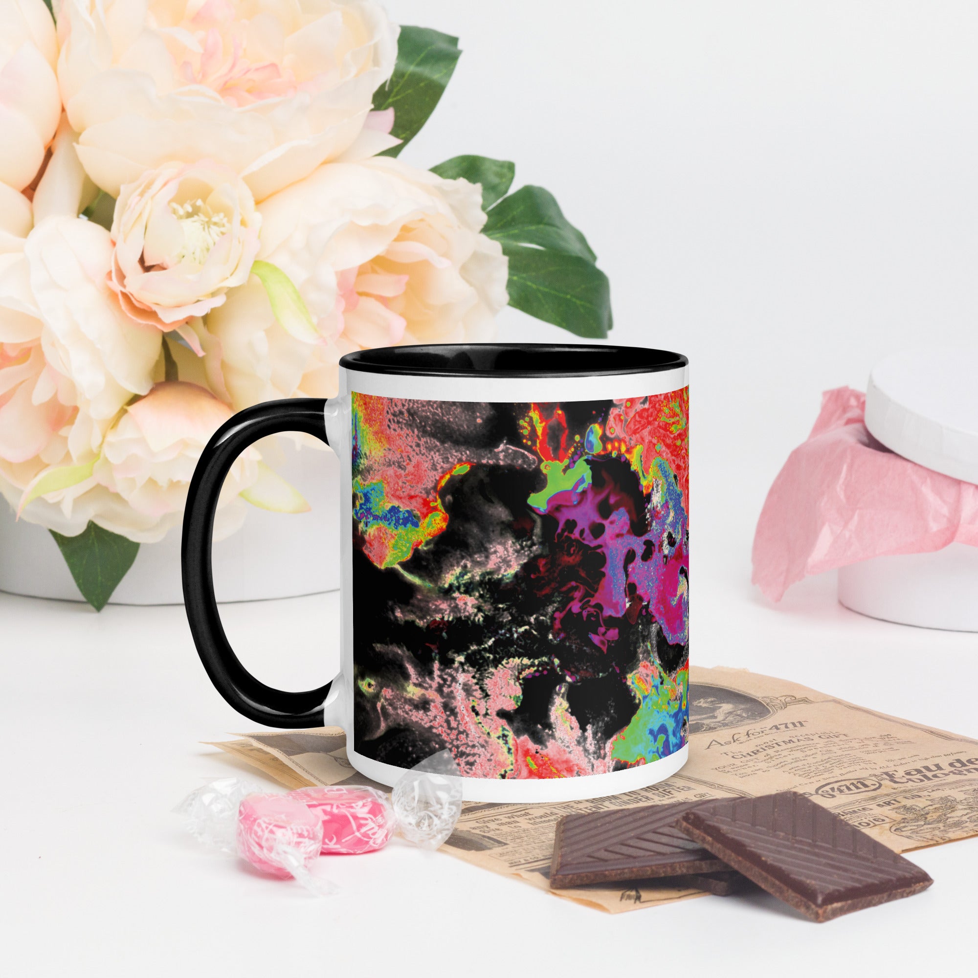 Neon Abstract Art Ceramic Coffee Mug With Black Color Inside