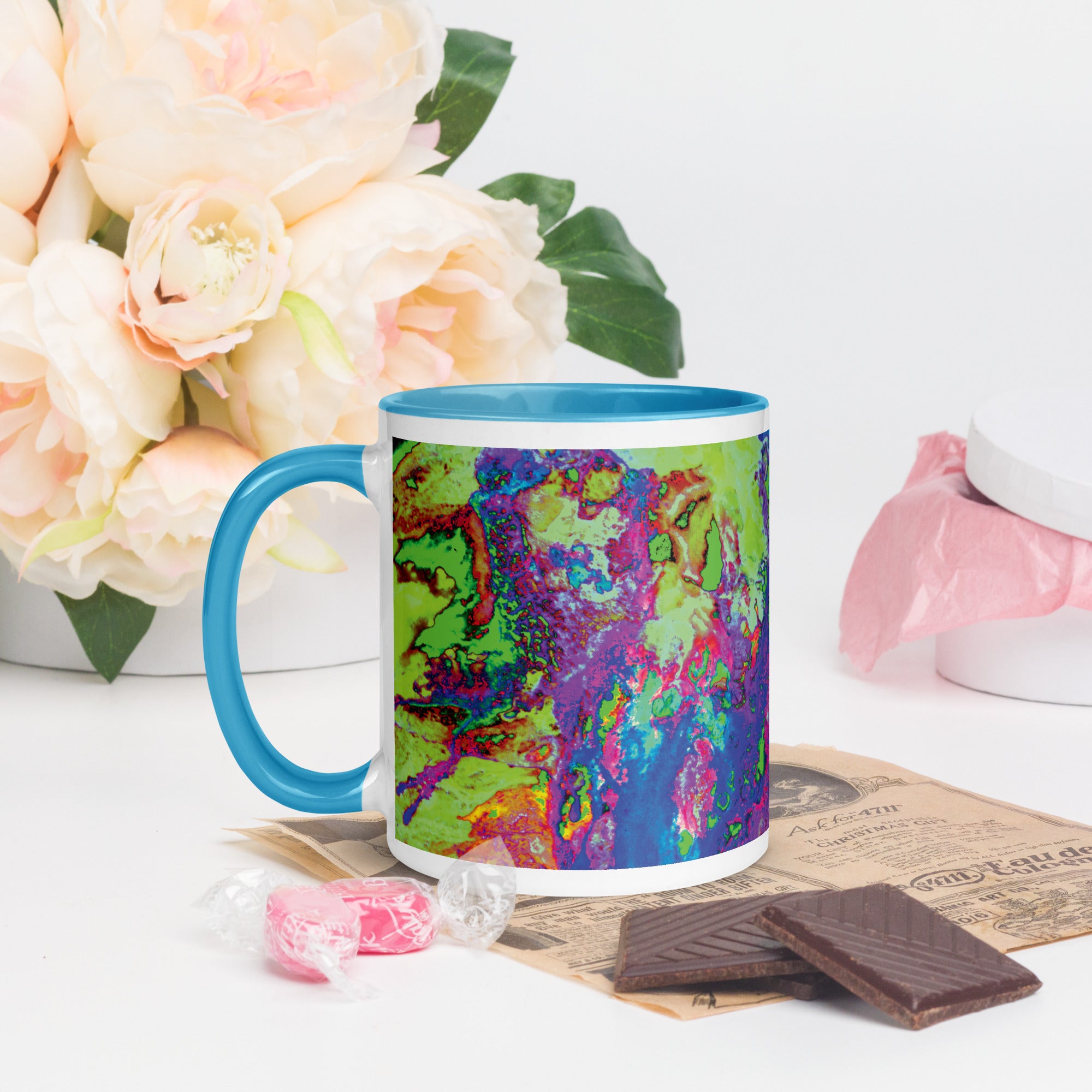 Neon Abstract Art Ceramic Mug with Blue Color Inside