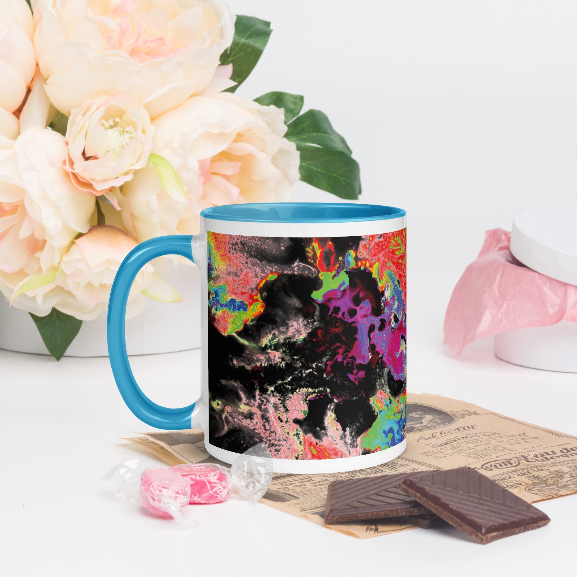 Neon Abstract Art Ceramic Coffee Mug With Blue Color Inside