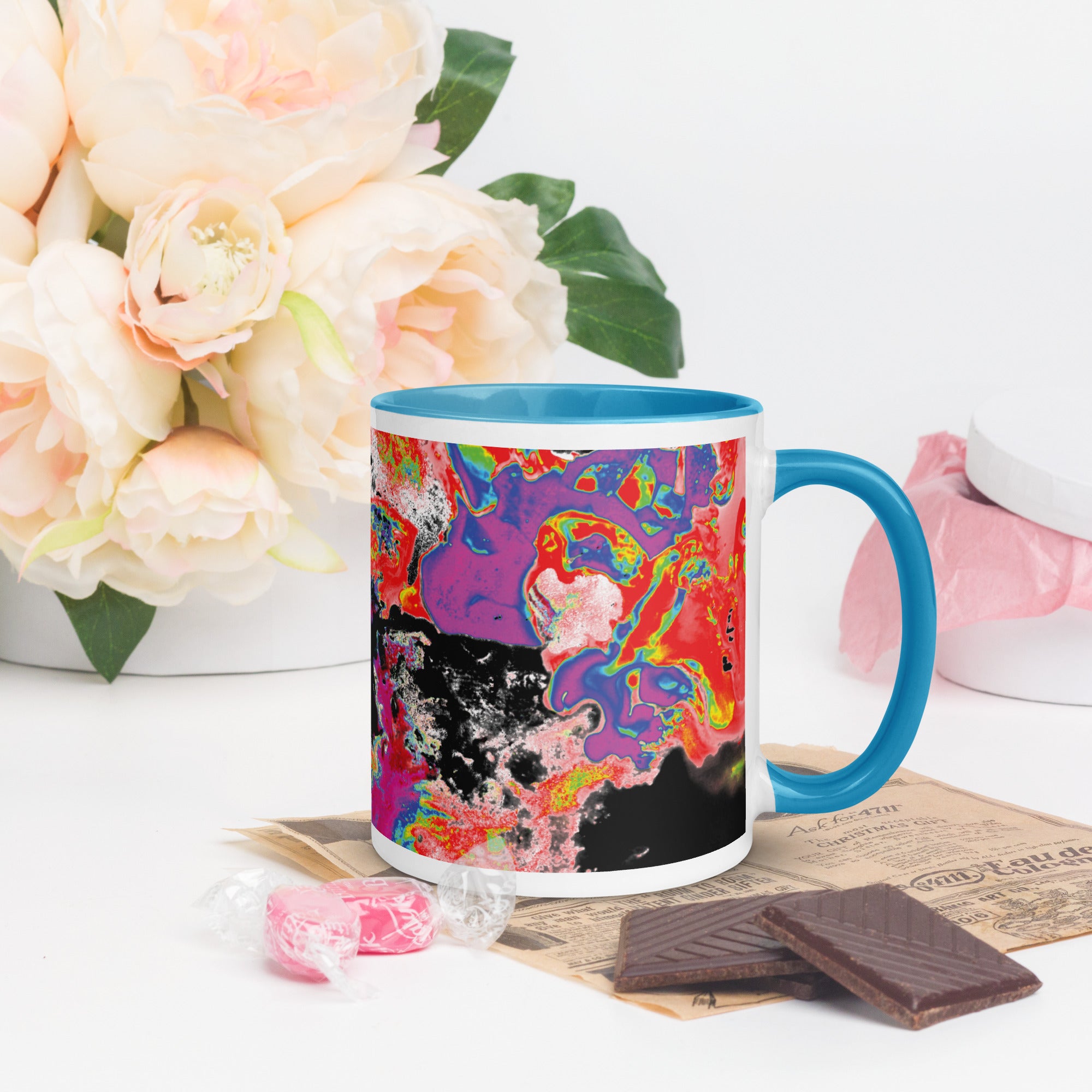 Neon Abstract Art Ceramic Coffee Mug With Blue Color Inside