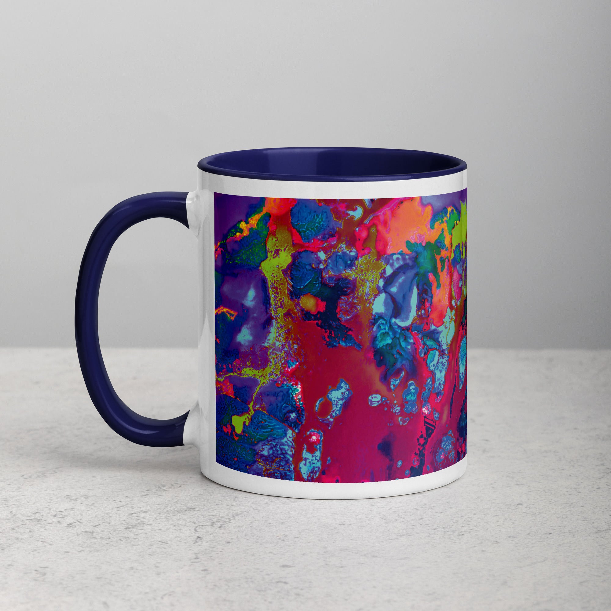 Colorful Abstract Art Ceramic Coffee Mug with Navy Blue Color Inside