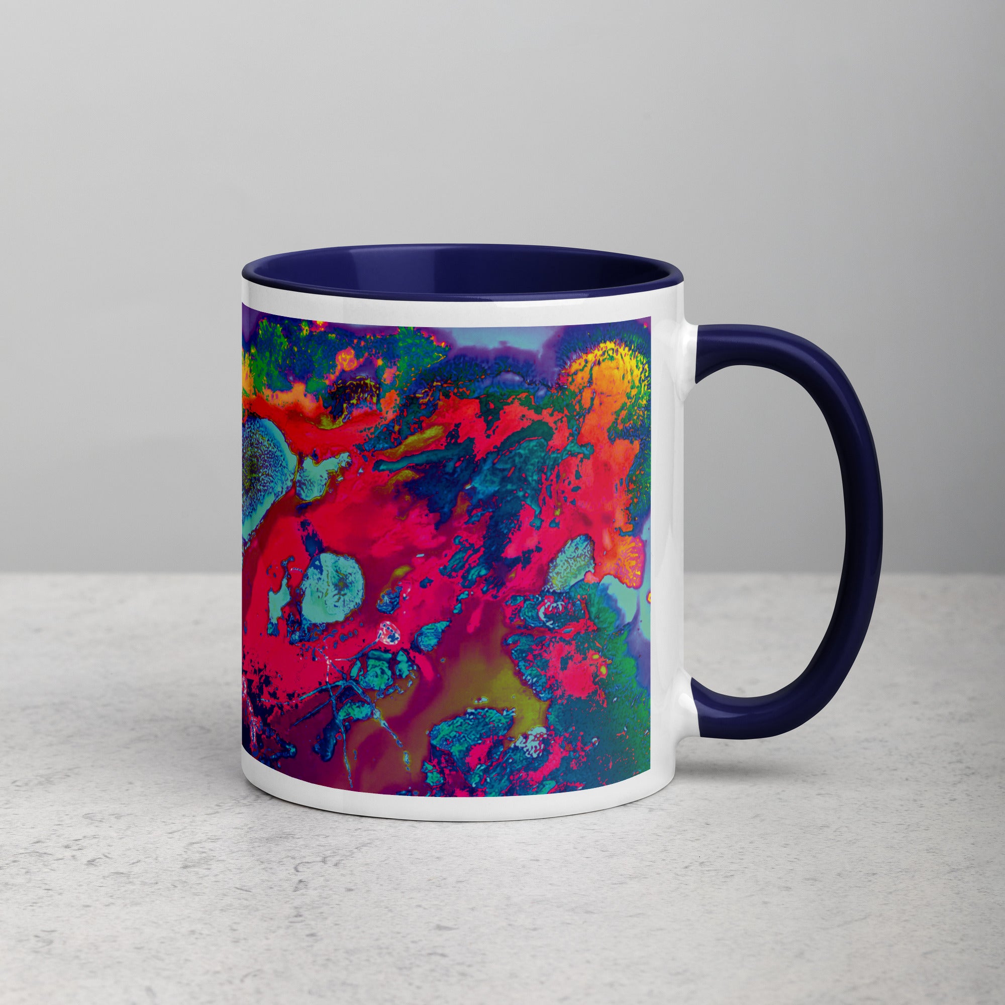 Colorful Abstract Art Ceramic Coffee Mug with Navy Blue Color Inside