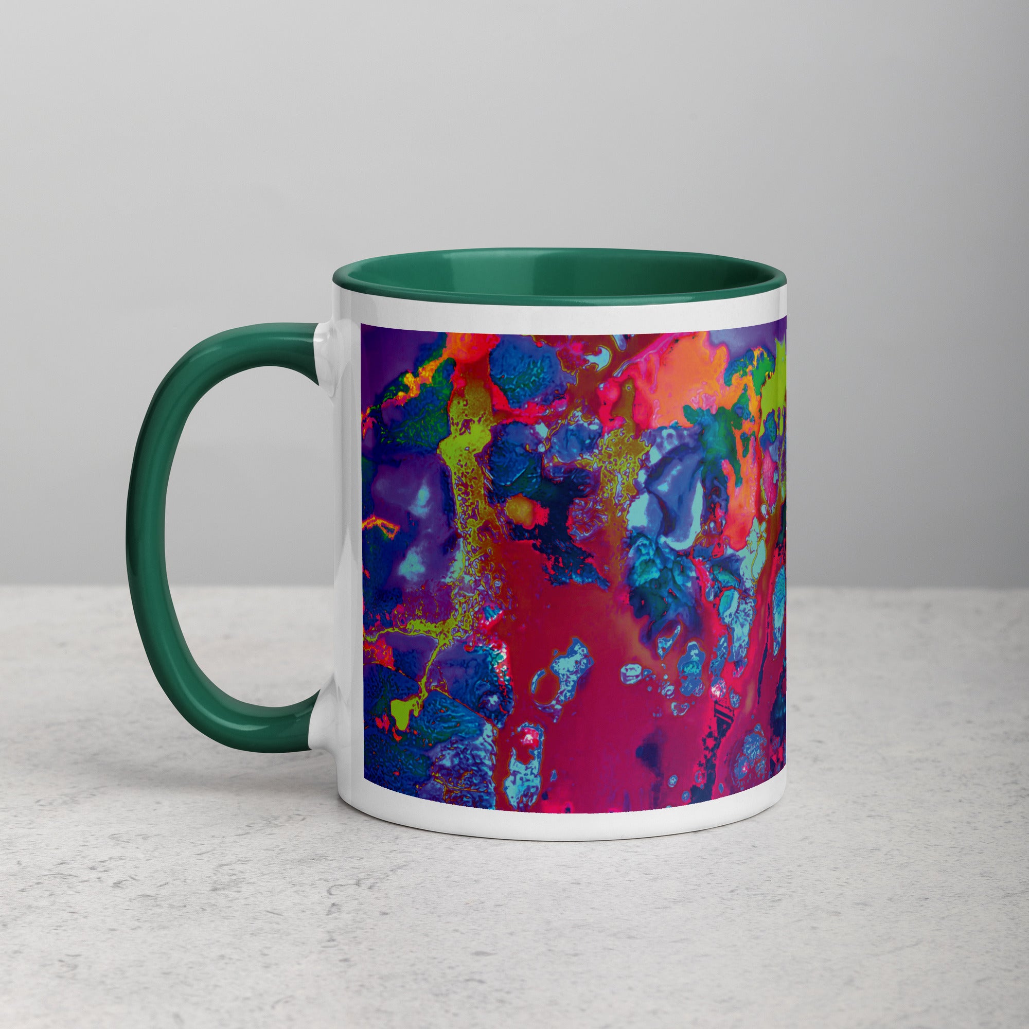 Colorful Abstract Art Ceramic Coffee Mug with Green Color Inside