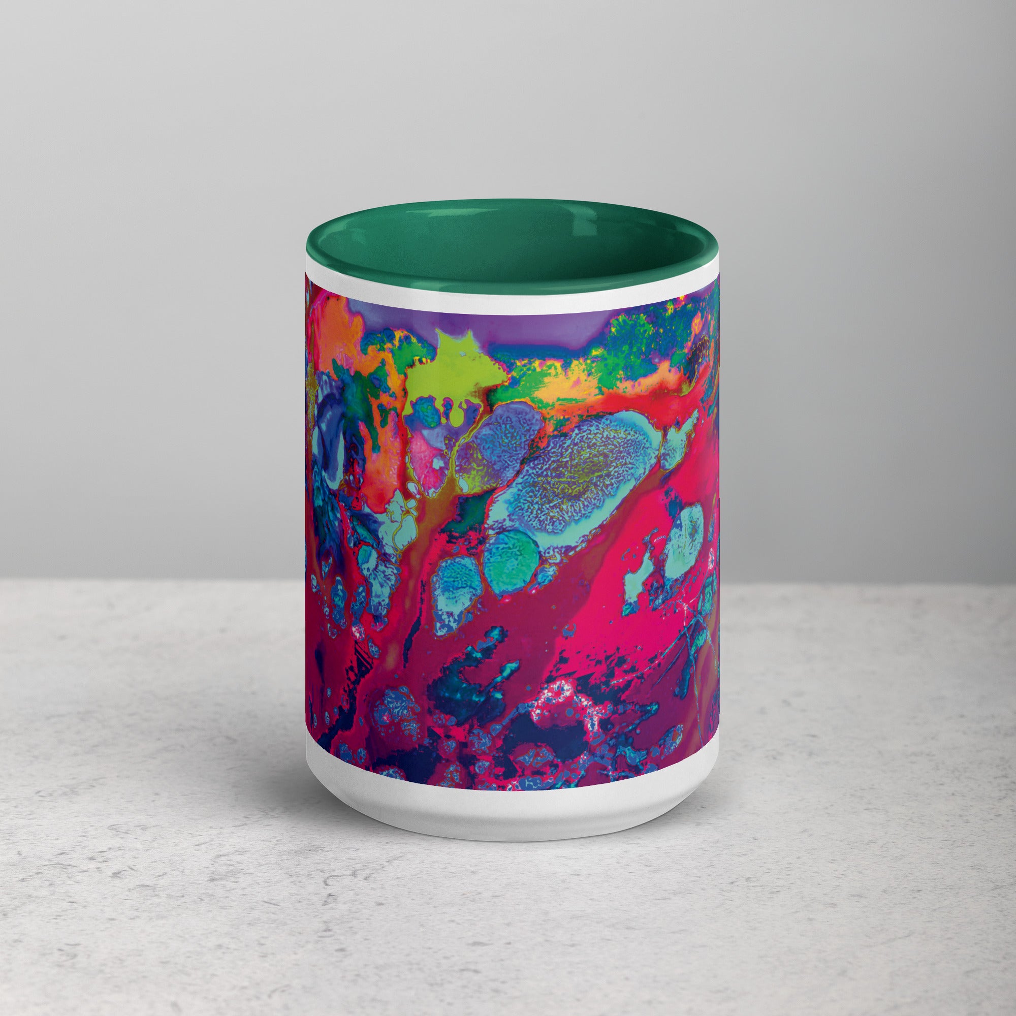 Colorful Abstract Art Ceramic Coffee Mug with Green Color Inside