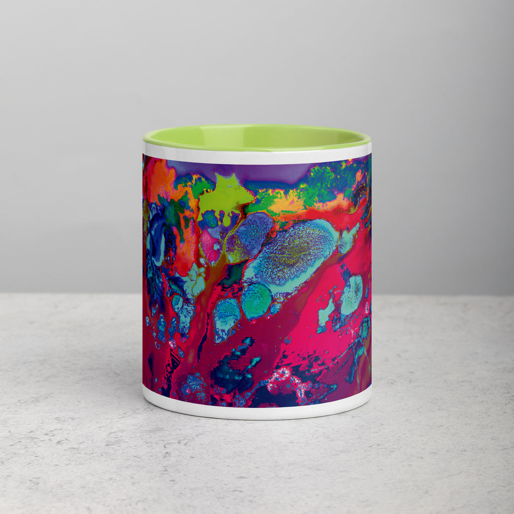 Colorful Abstract Art Ceramic Coffee Mug with Lime Green Color Inside