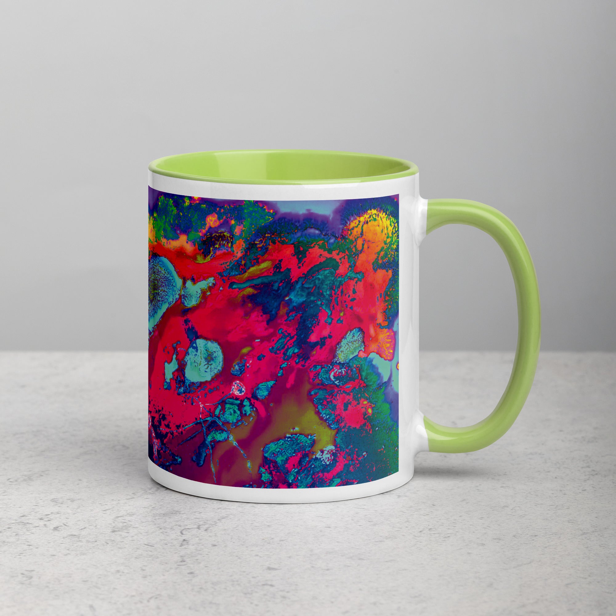 Colorful Abstract Art Ceramic Coffee Mug with Lime Green Color Inside