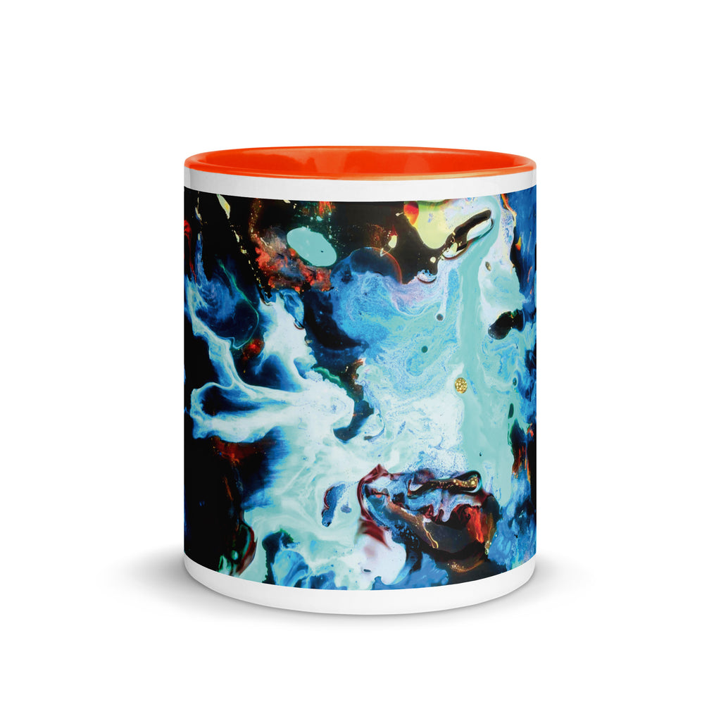Aqua Abstract Art Ceramic Mug with Orange Color Inside