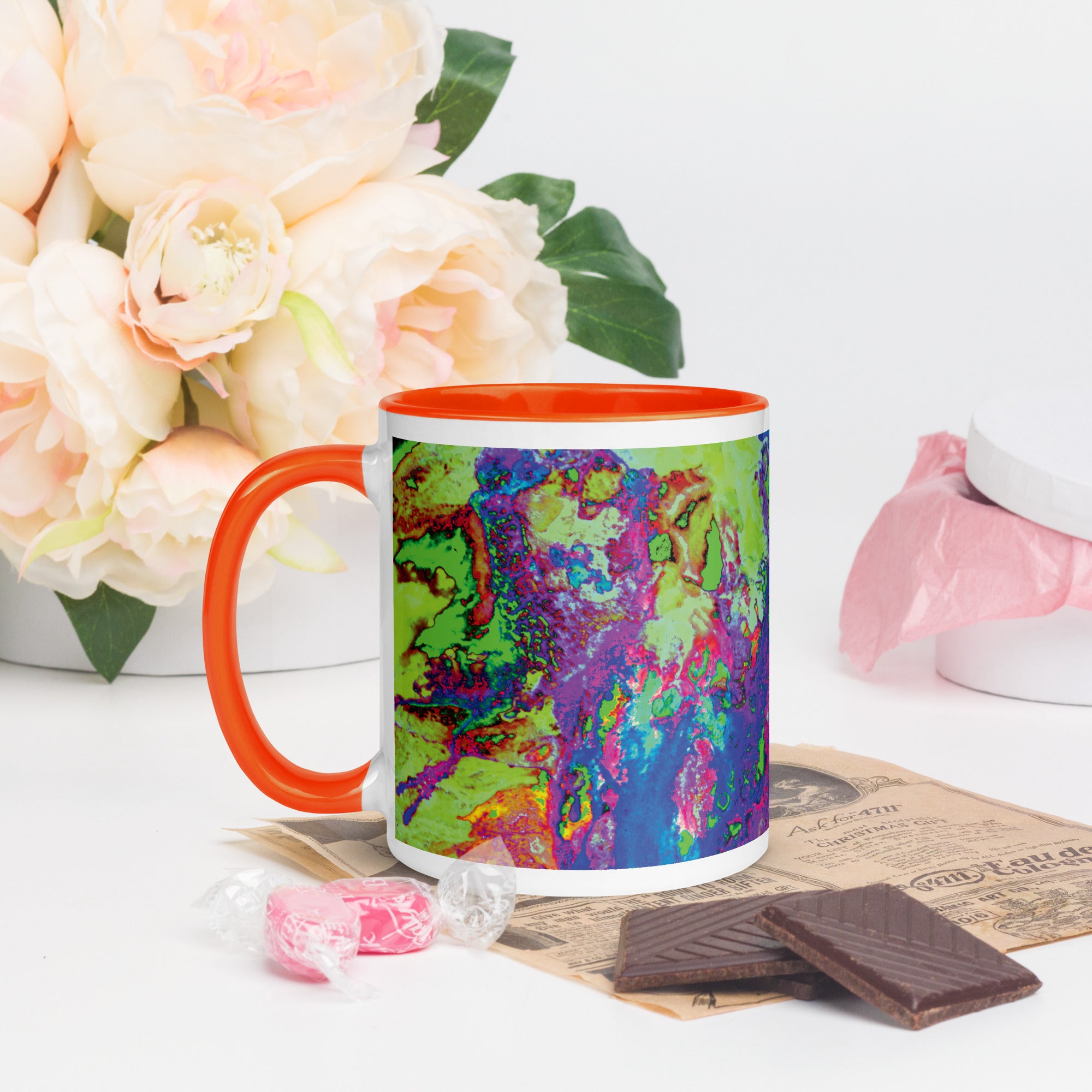 Neon Abstract Art Ceramic Mug with Orange Color Inside