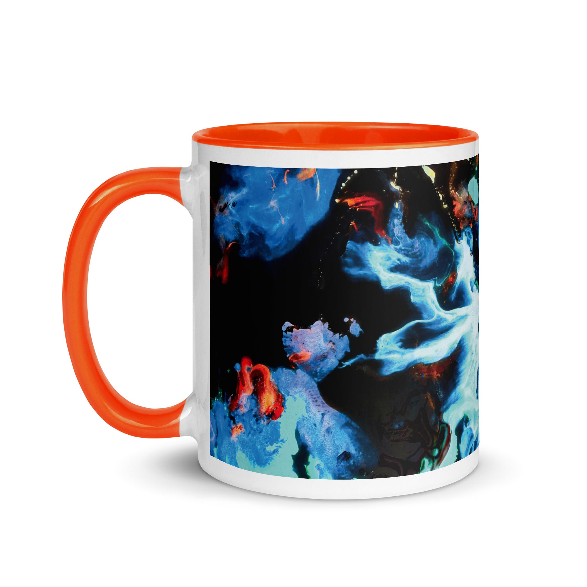 Aqua Abstract Art Ceramic Mug with Orange Color Inside