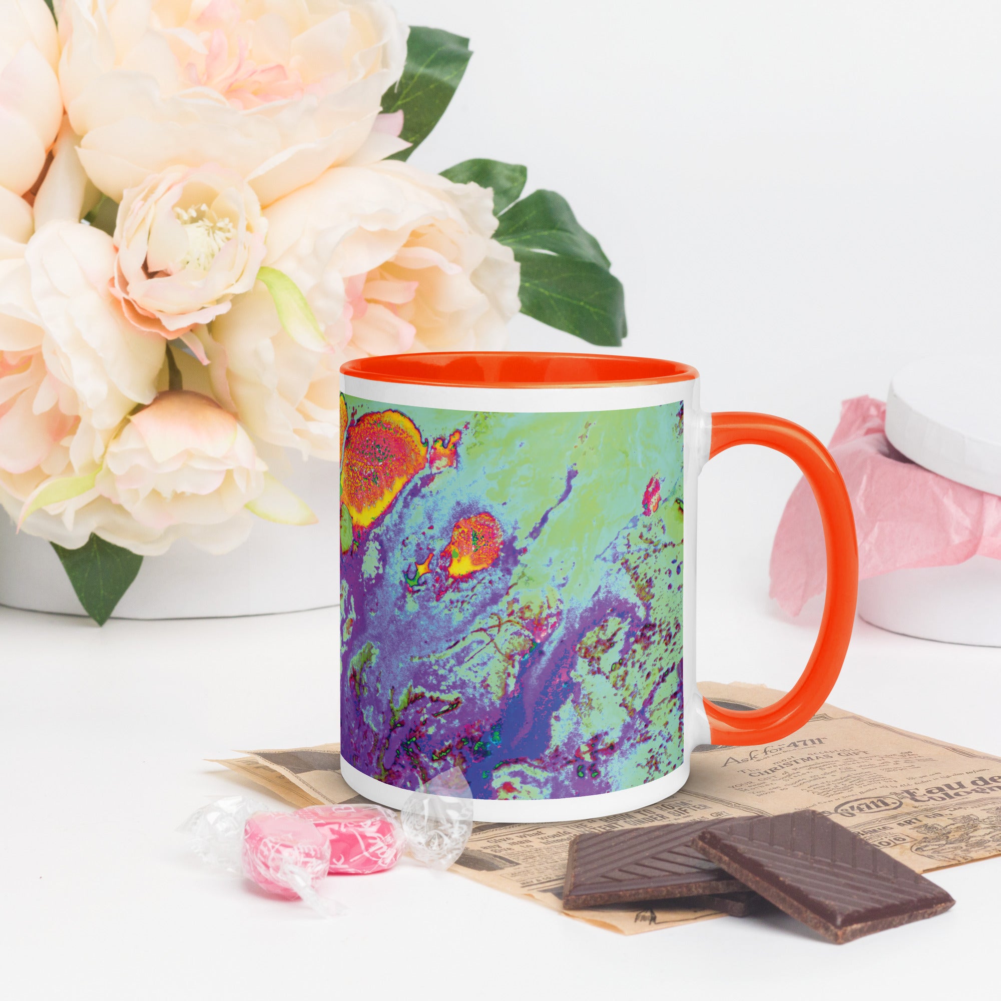 Neon Abstract Art Ceramic Mug with Orange Color Inside