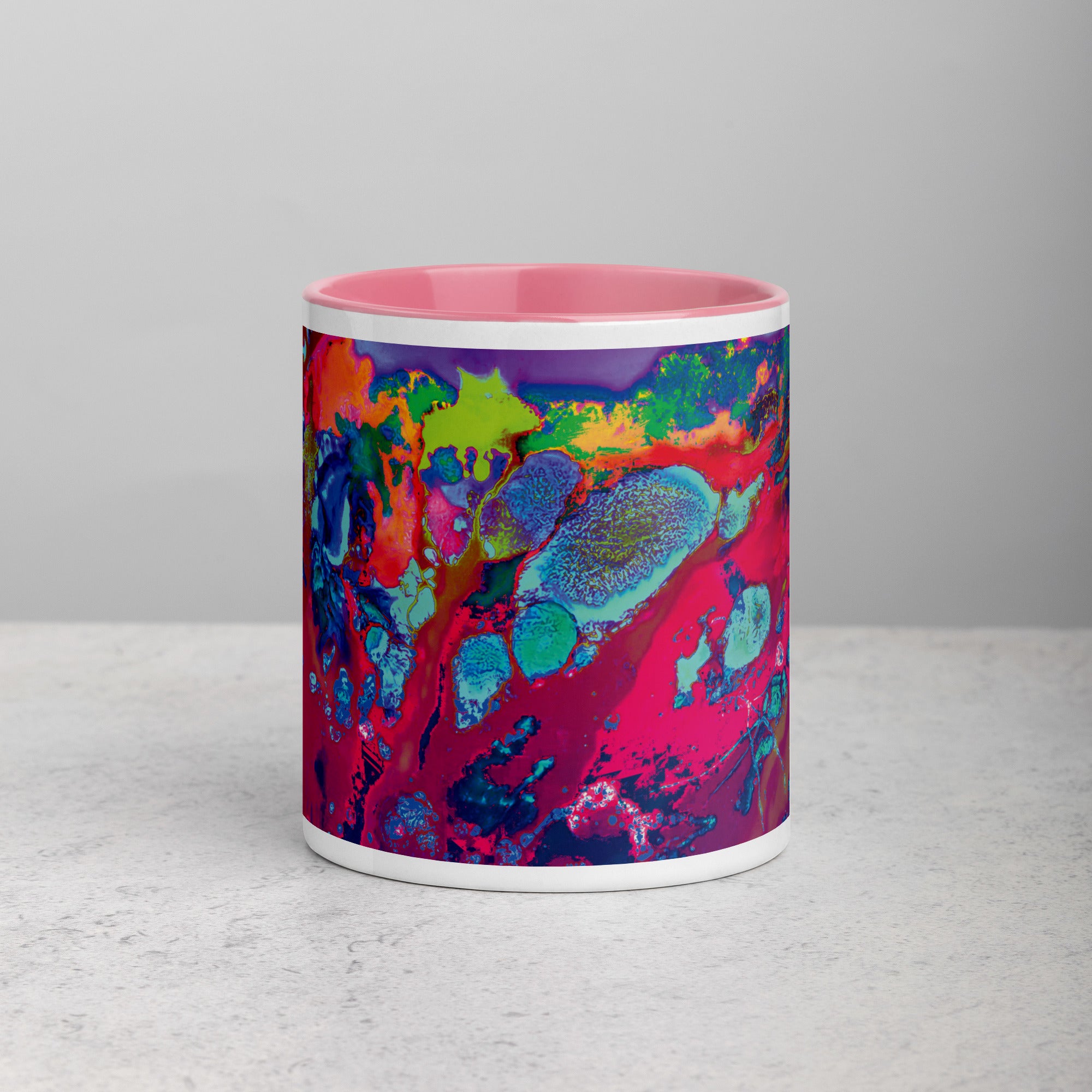 Colorful Abstract Art Ceramic Coffee Mug with Pink Color Inside