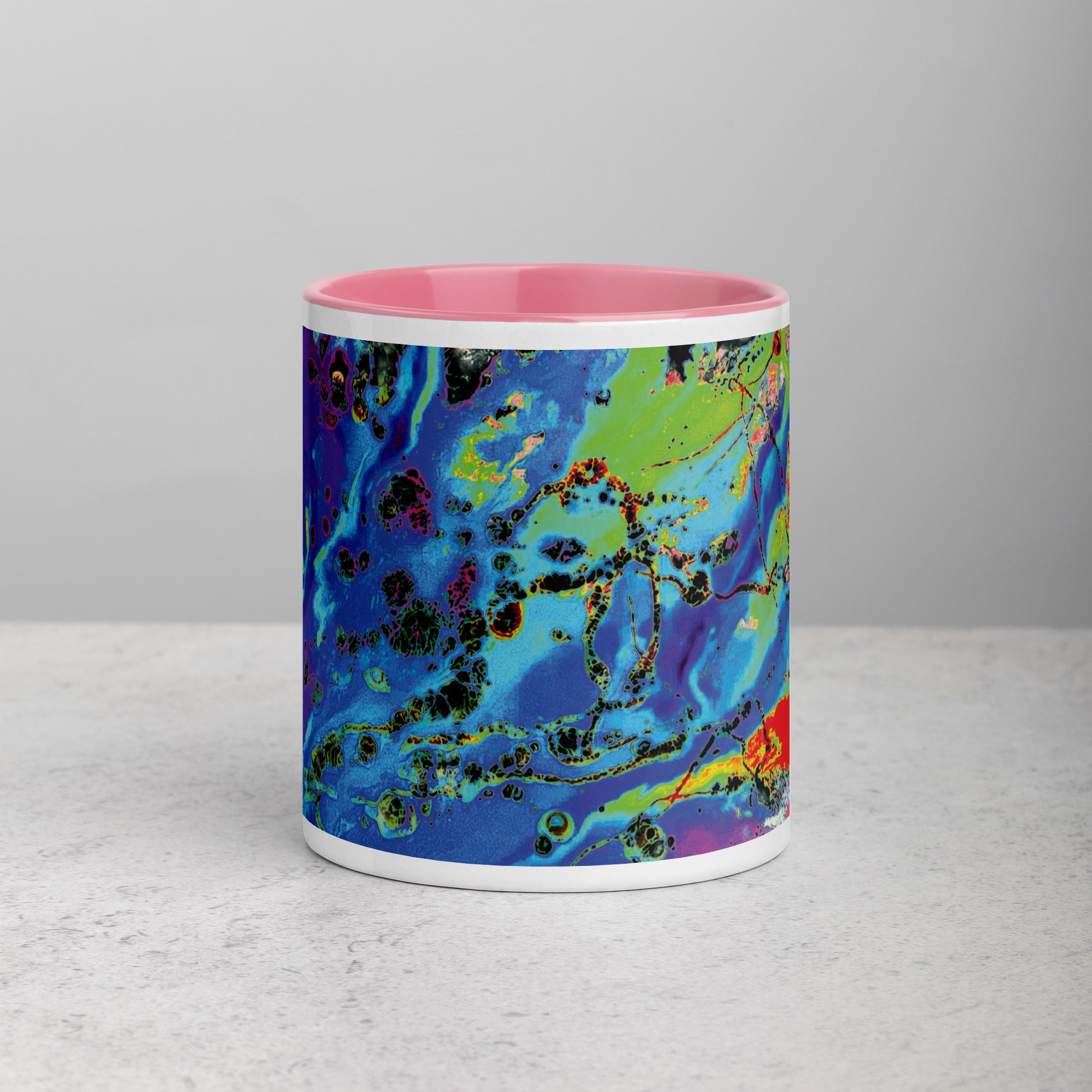 Neon Pastel Abstract Art Ceramic Coffee Mug with Pink Color Inside