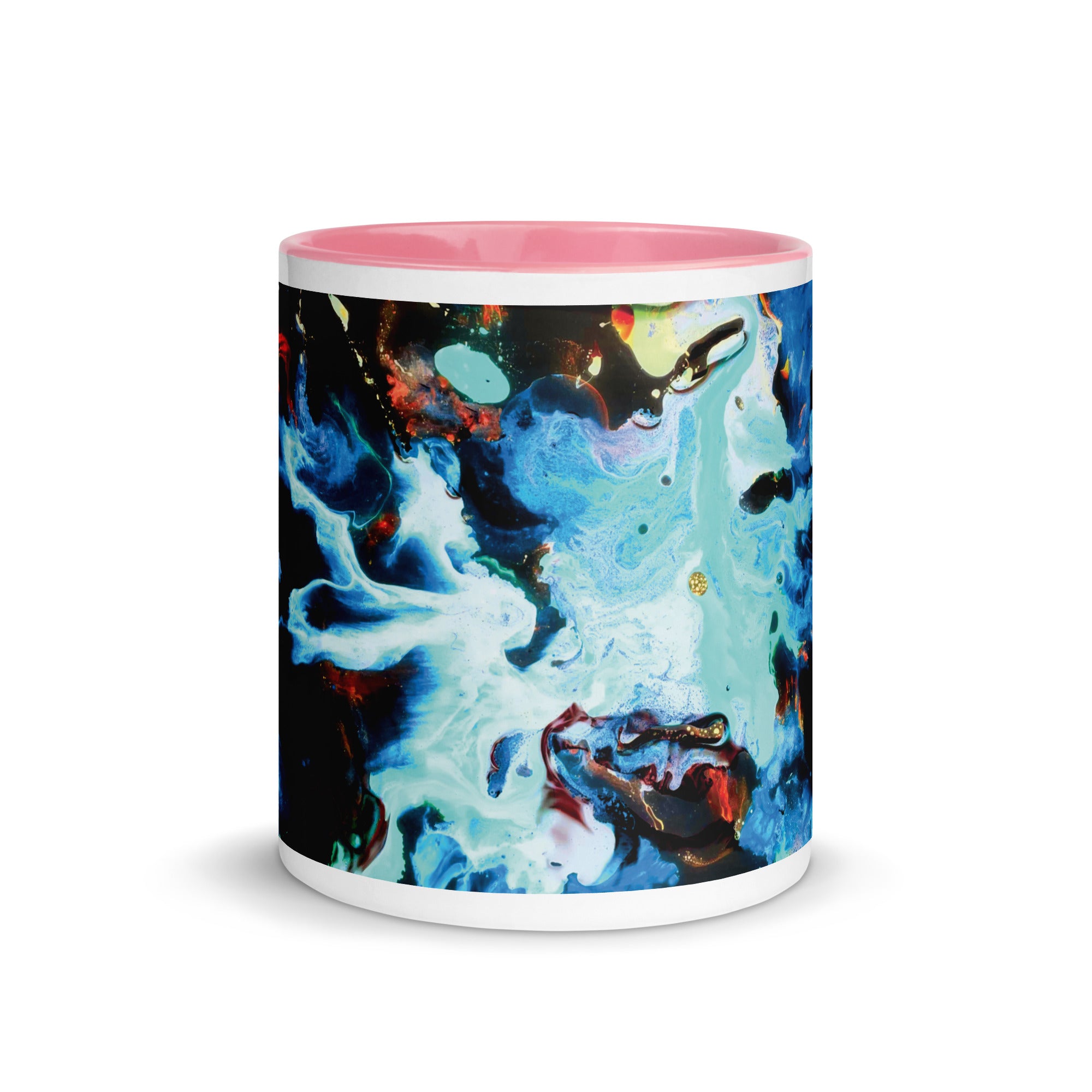Aqua Abstract Art Ceramic Mug with Pink Color Inside