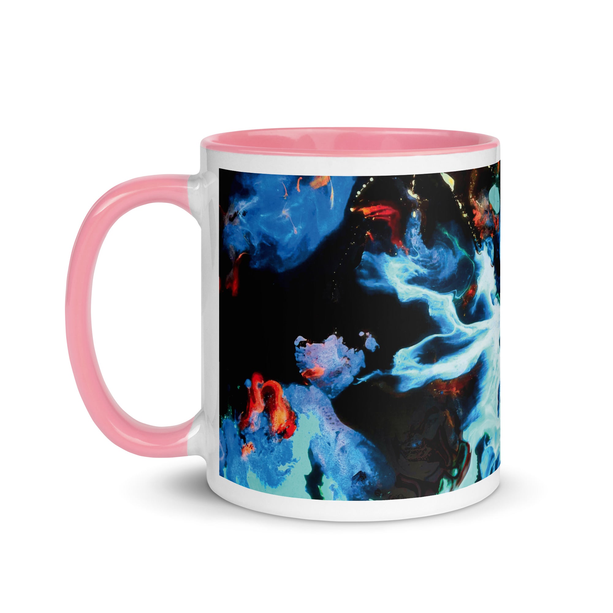 Aqua Abstract Art Ceramic Mug with Pink Color Inside
