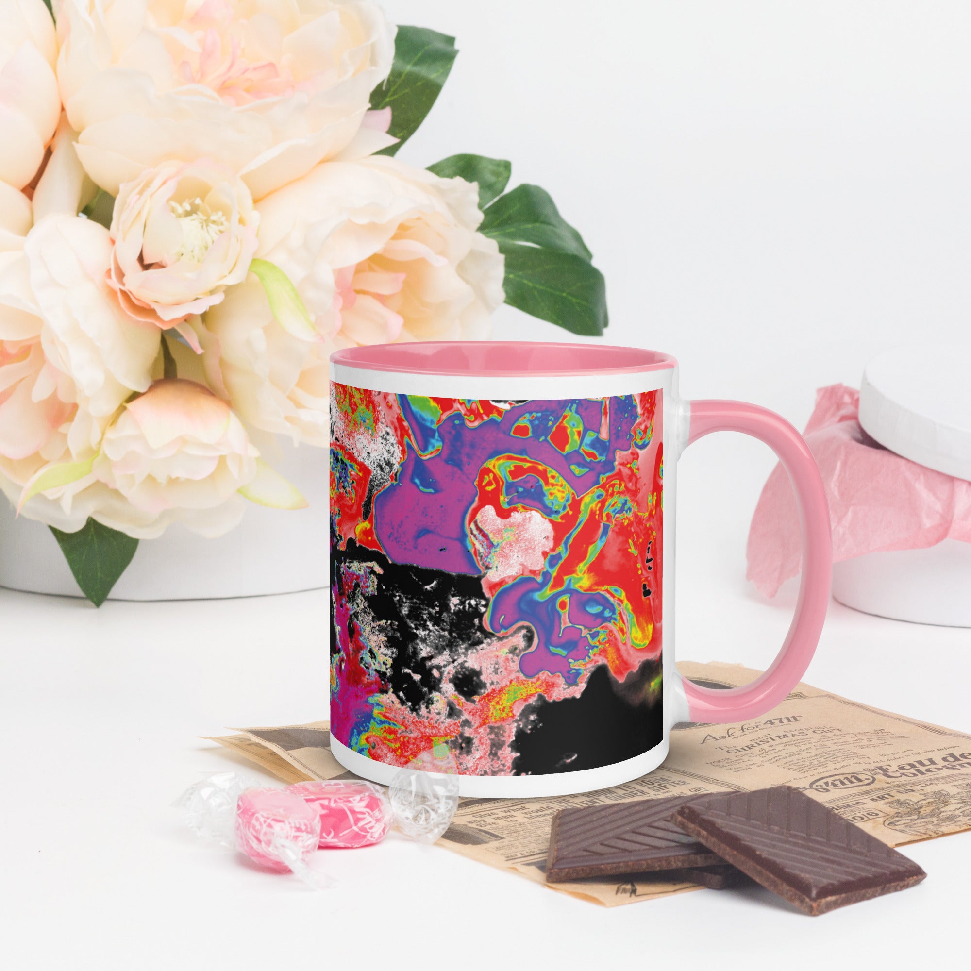 Neon Abstract Art Ceramic Coffee Mug With Pink Color Inside