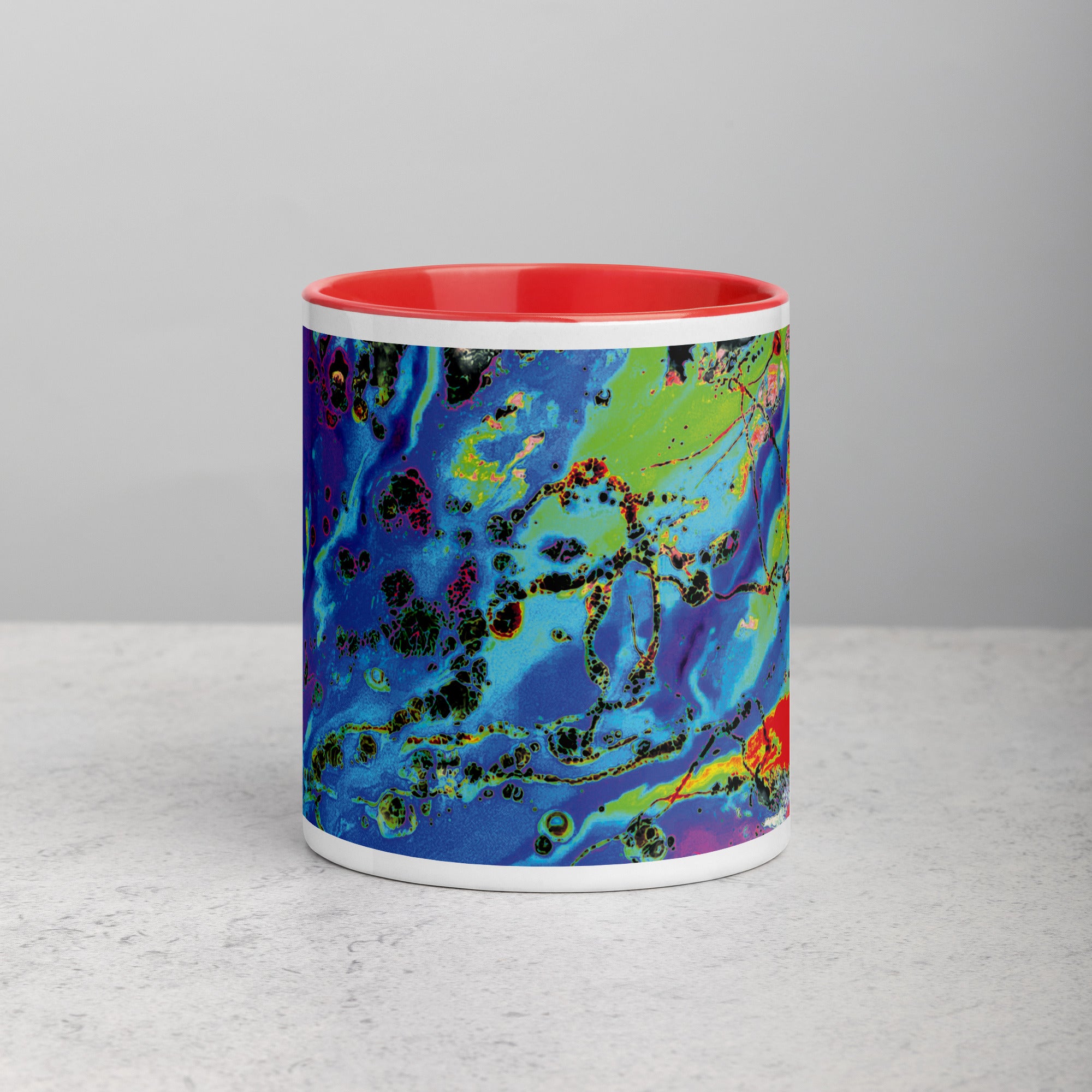 Neon Pastel Abstract Art Ceramic Coffee Mug with Red Color Inside