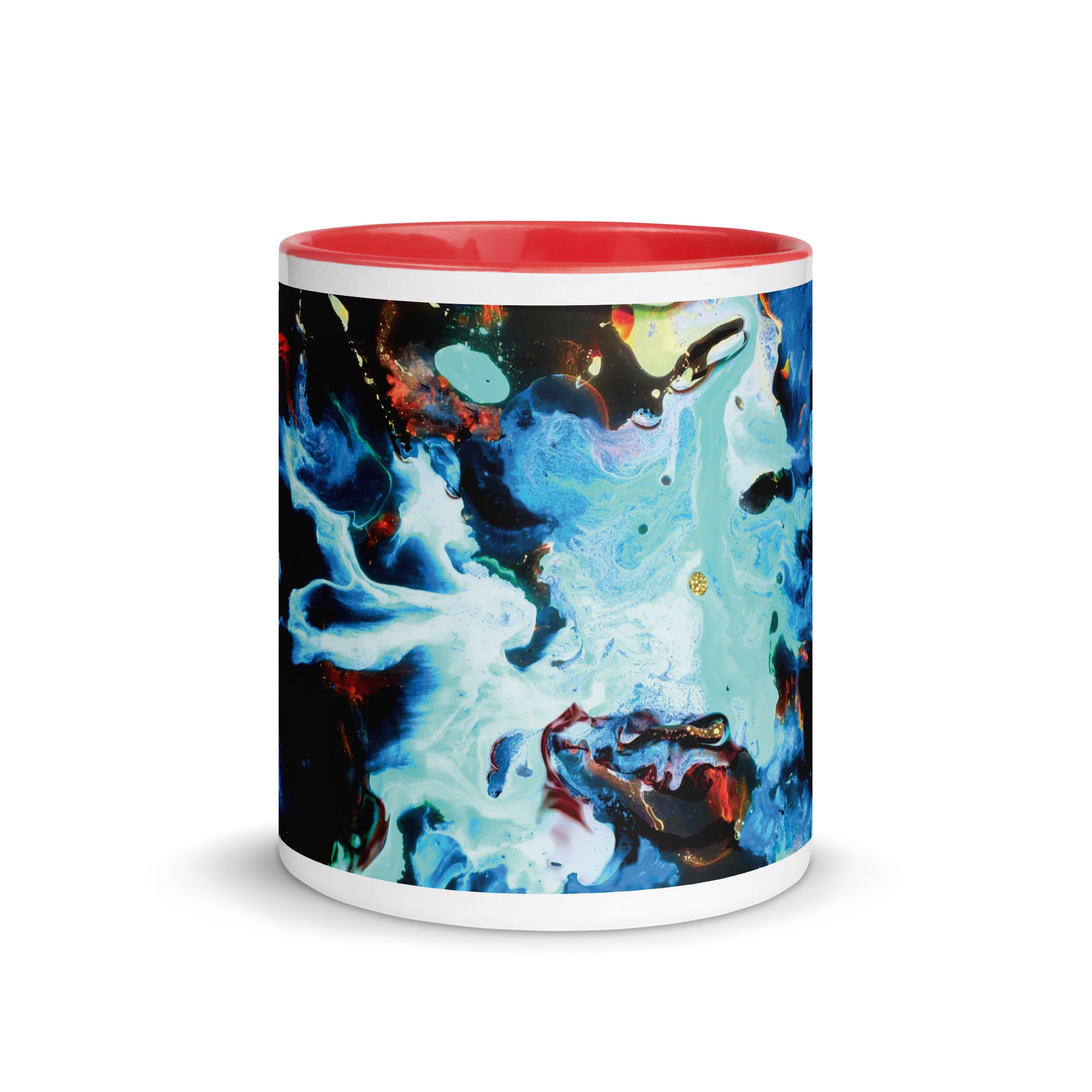 Aqua Abstract Art Ceramic Mug with Red Color Inside