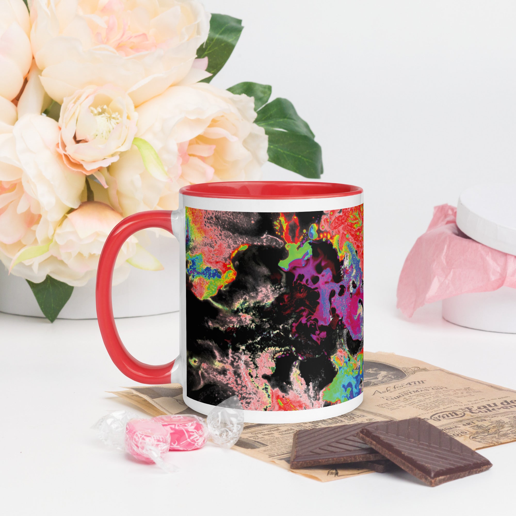 Neon Abstract Art Ceramic Coffee Mug With Red Color Inside