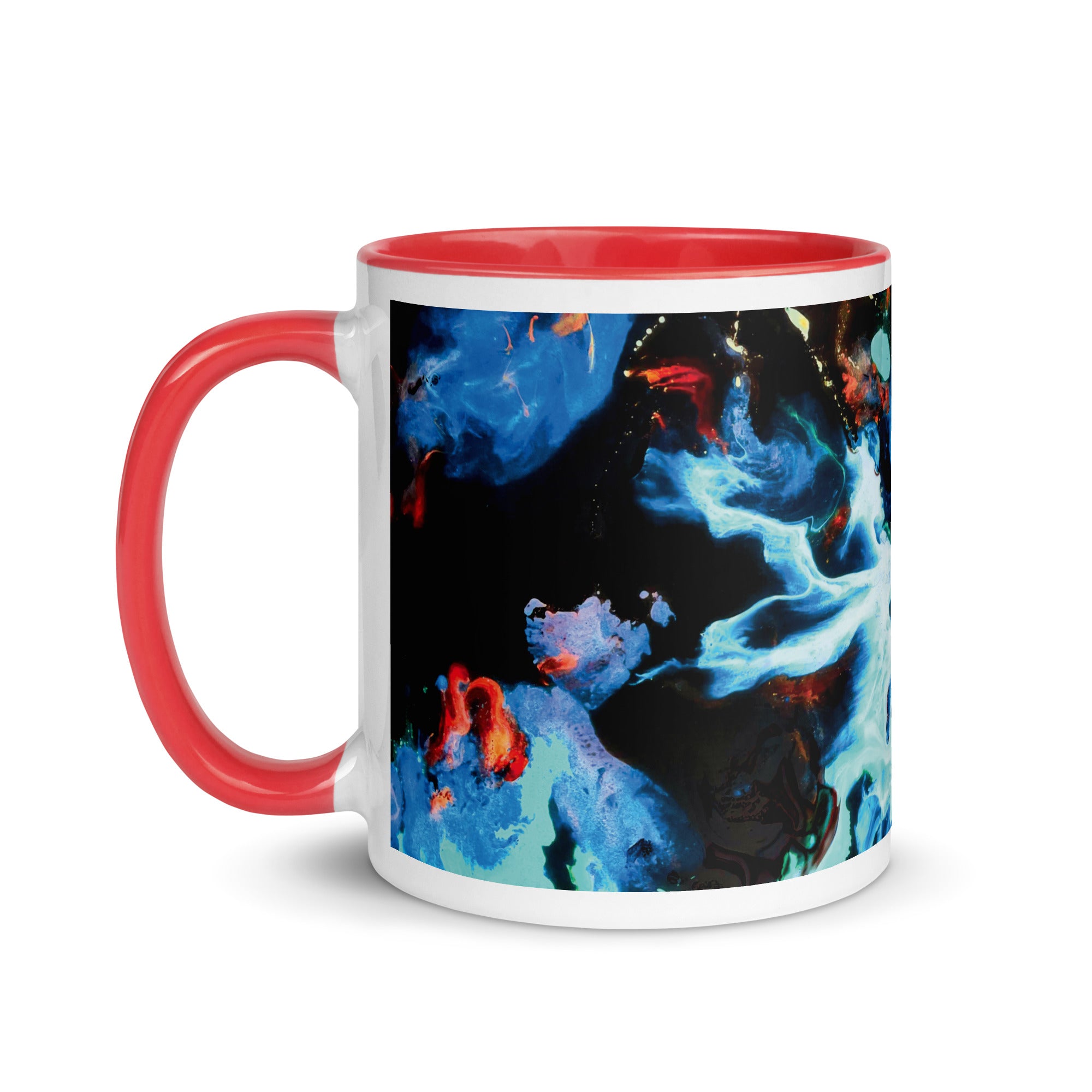 Aqua Abstract Art Ceramic Mug with Red Color Inside
