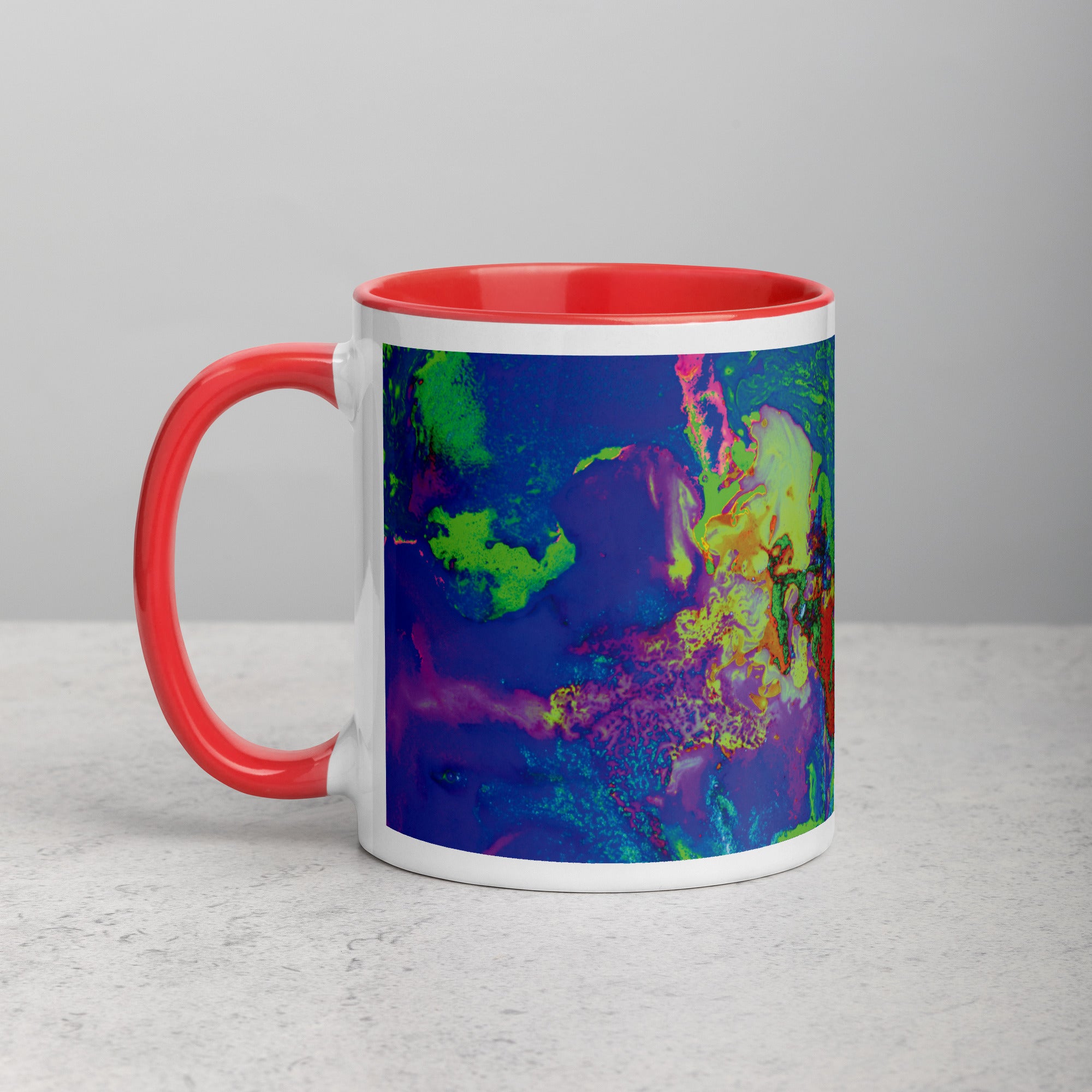 Neon Purple Abstract Art Ceramic Coffee Mug with Red Color Inside