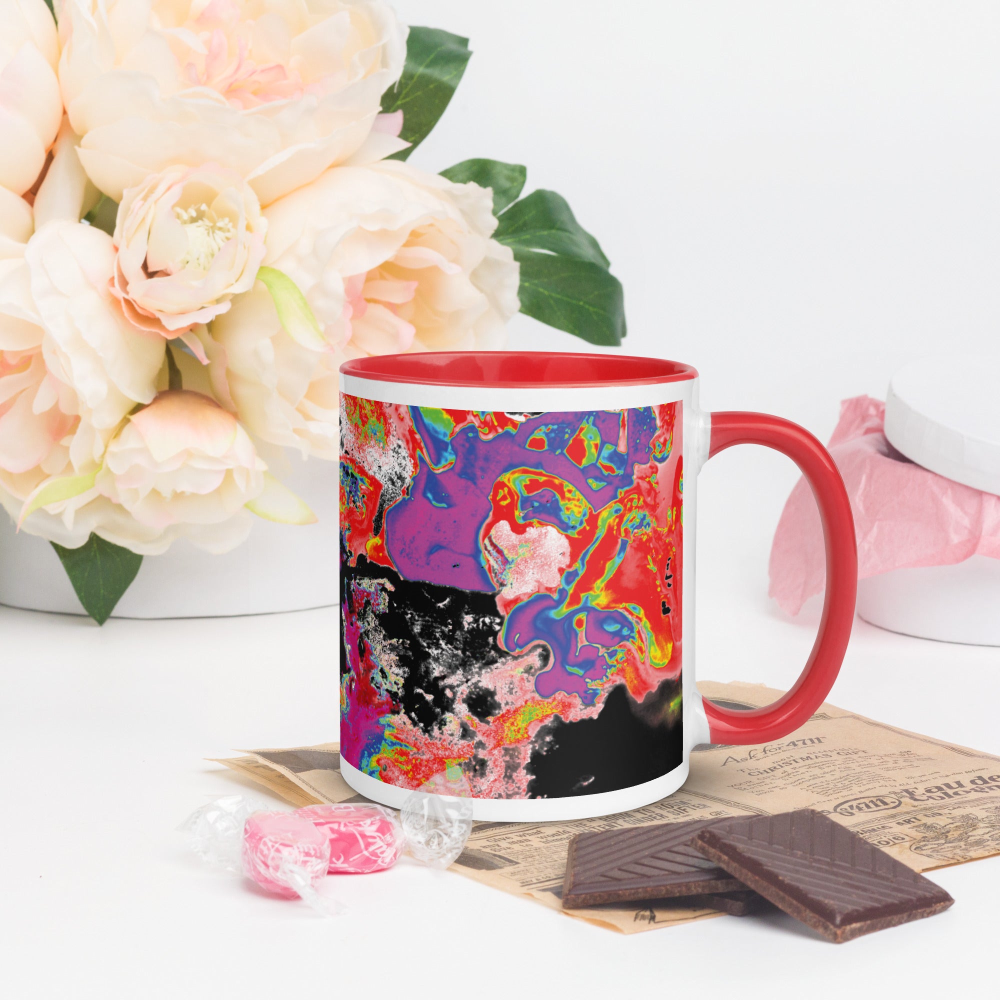 Neon Abstract Art Ceramic Coffee Mug With Red Color Inside