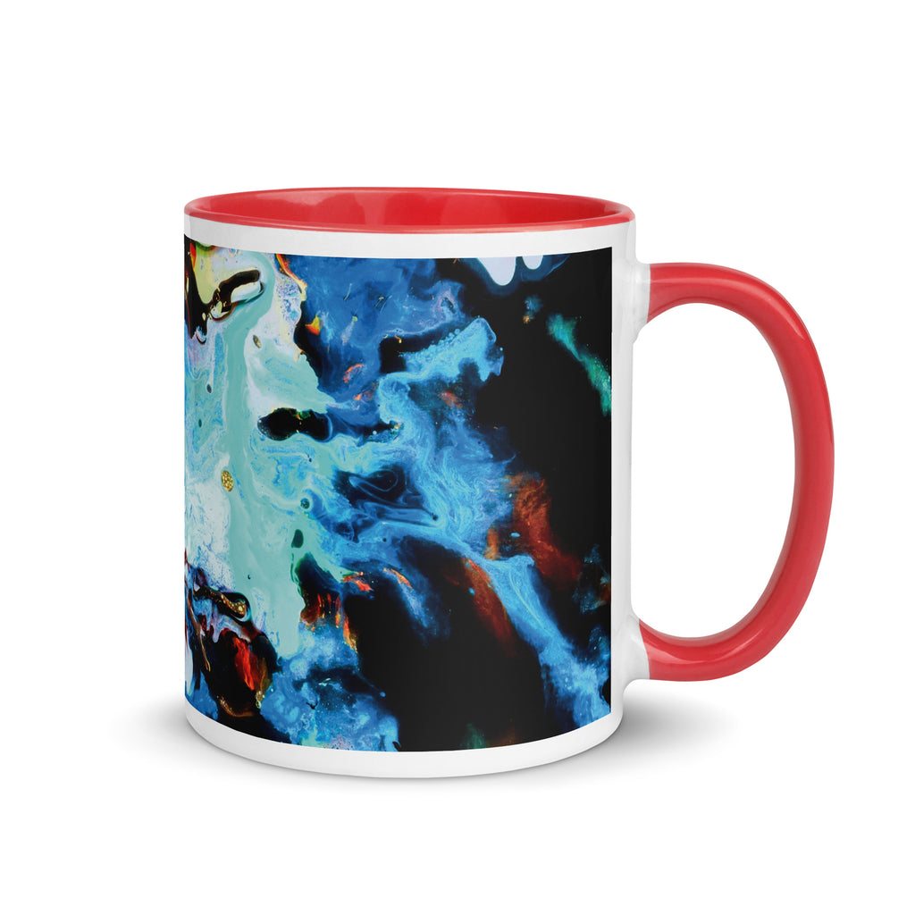 Aqua Abstract Art Ceramic Mug with Red Color Inside