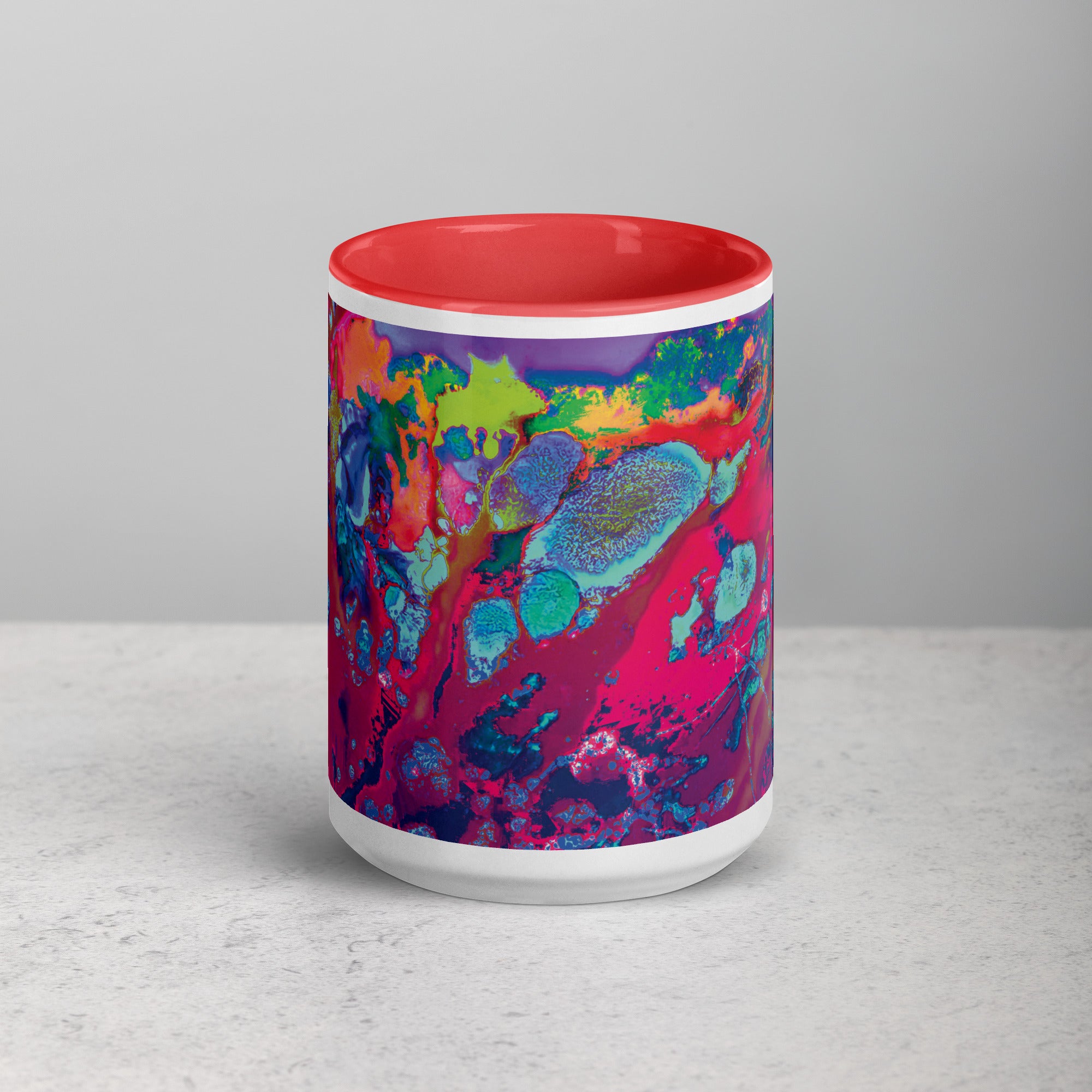 Colorful Abstract Art Ceramic Coffee Mug with Red Color Inside