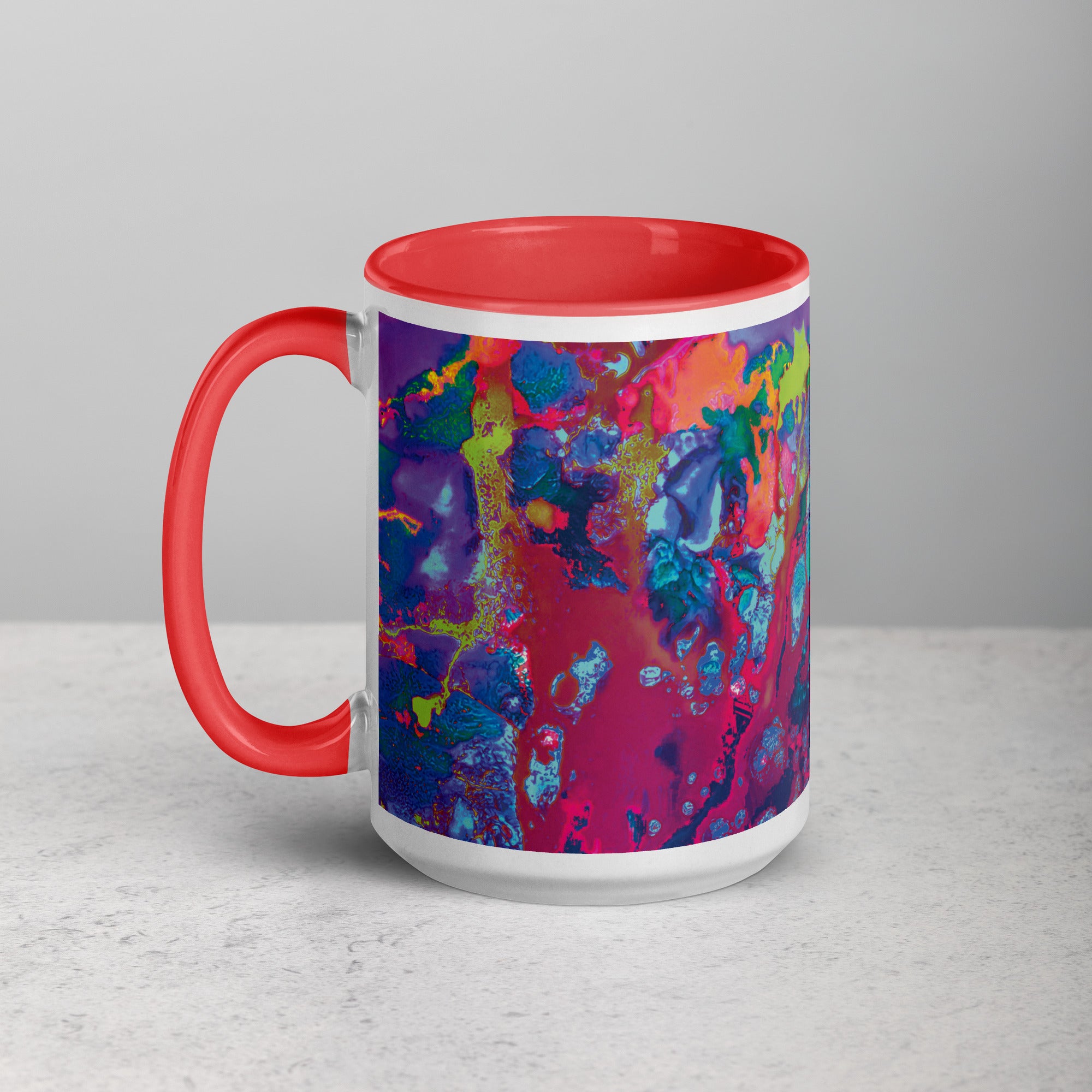 Colorful Abstract Art Ceramic Coffee Mug with Red Color Inside