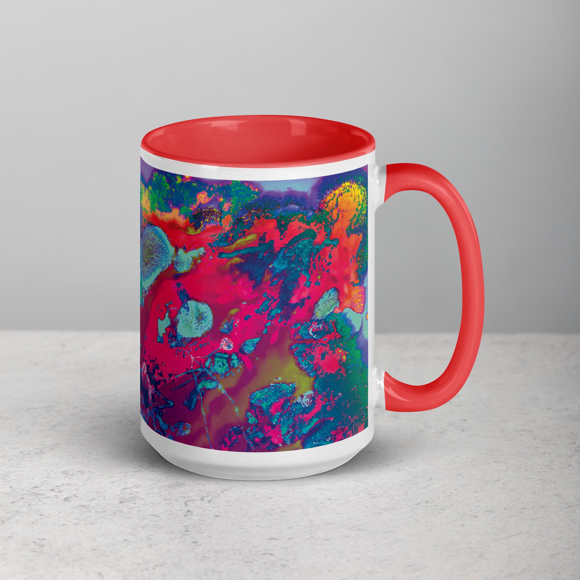 Colorful Abstract Art Ceramic Coffee Mug with Red Color Inside