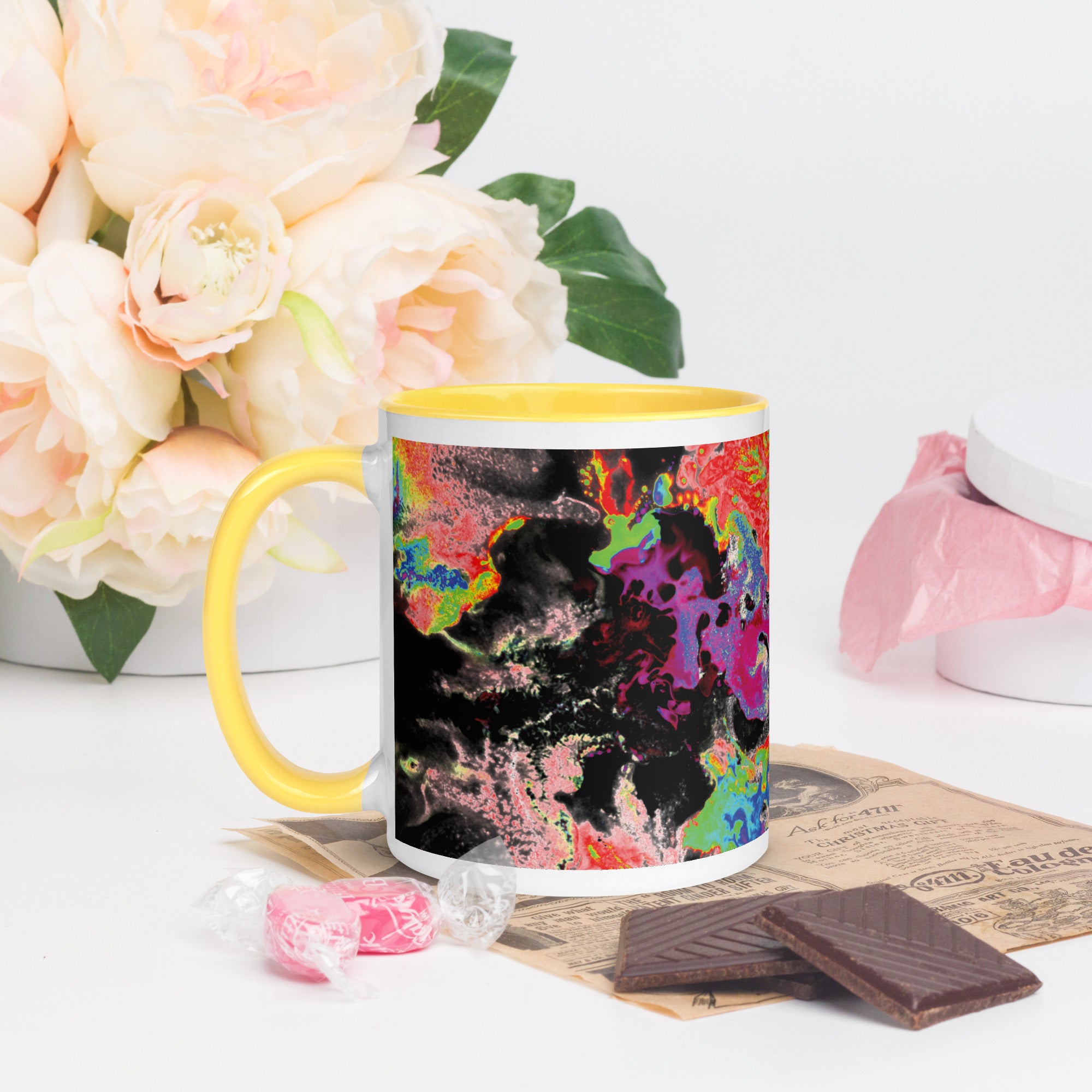 Neon Abstract Art Ceramic Coffee Mug With Yellow Color Inside