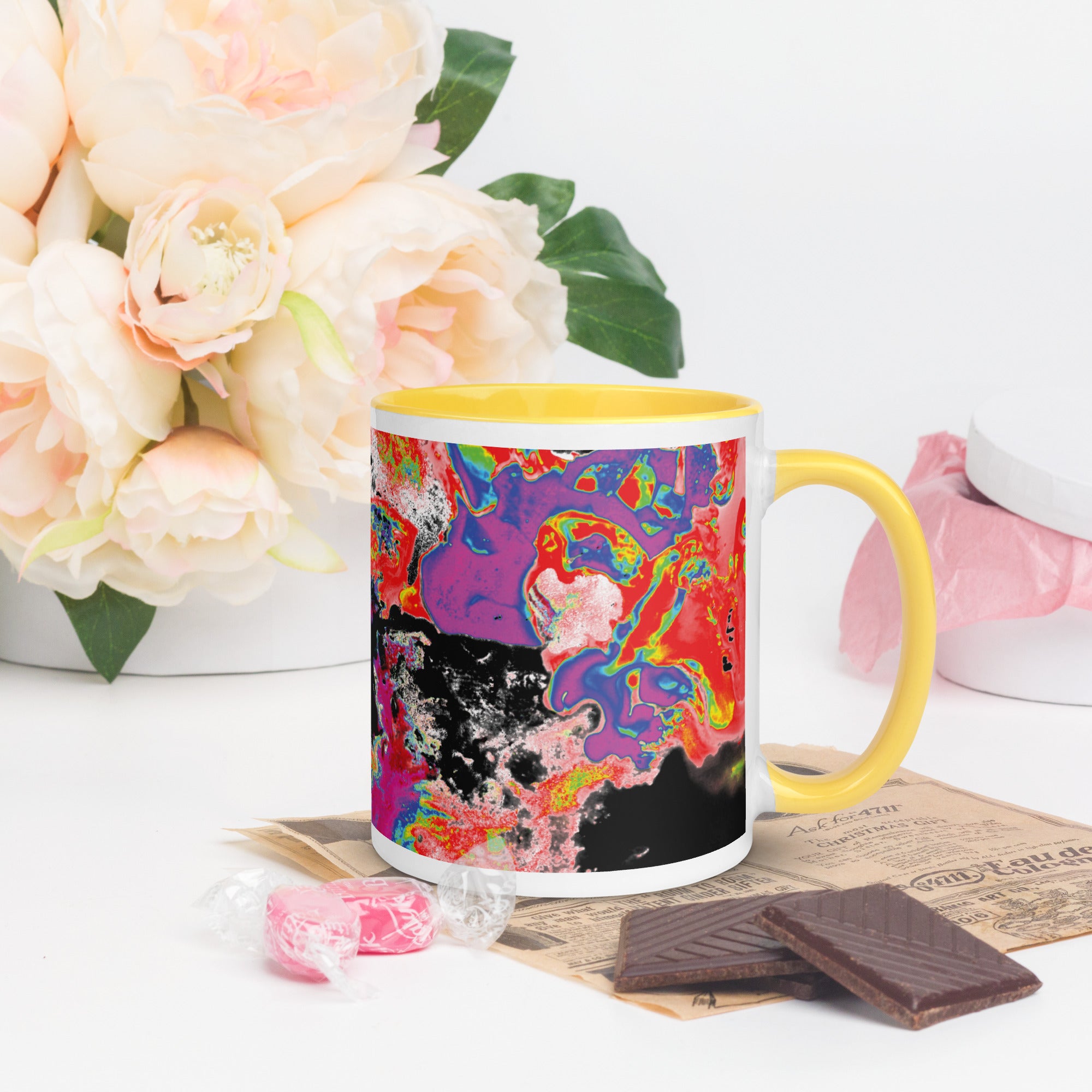 Neon Abstract Art Ceramic Coffee Mug With Yellow Color Inside